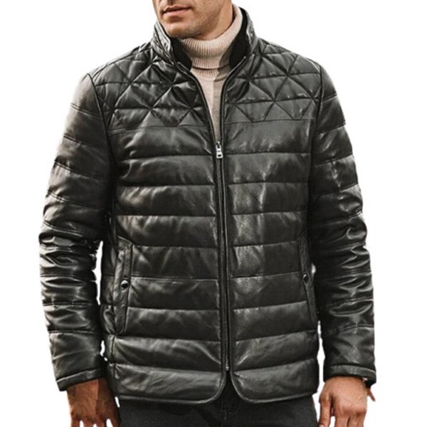 Men's Shine Black Leather Quilted Puffer Jacket - LJ0110