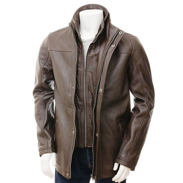 Buy Mens Brown Leather Stand Up Collar Long Jacket - Hussar Jackets