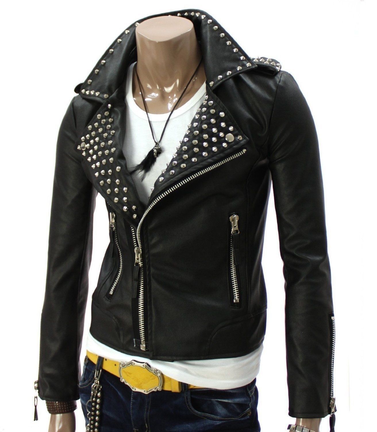 Buy Mens Fashion Leather Jacket Silver Studded Real Soft Leather Biker Style Jackets Hussar