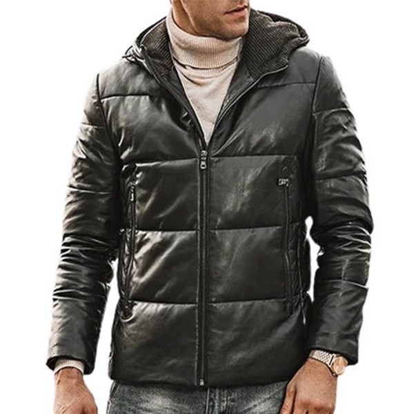 Men's Black Leather Hooded Puffer Jacket - LJ030