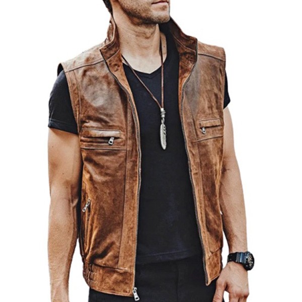 Buy Mens Brown Leather Collar Vest Hussar Jackets