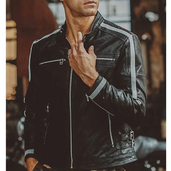 Buy Men's White Stripes Black Leather Racer Jacket - Hussar Jackets