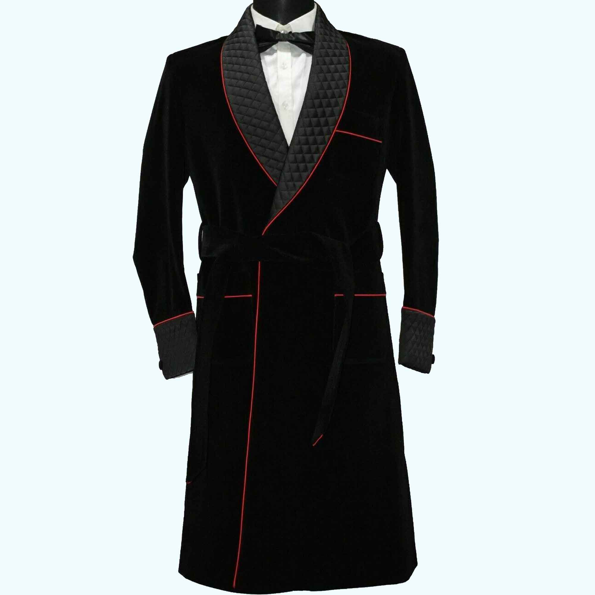 Buy Men Long Black Smoking Jacket Robe Quilted Belted Evening Gown ...