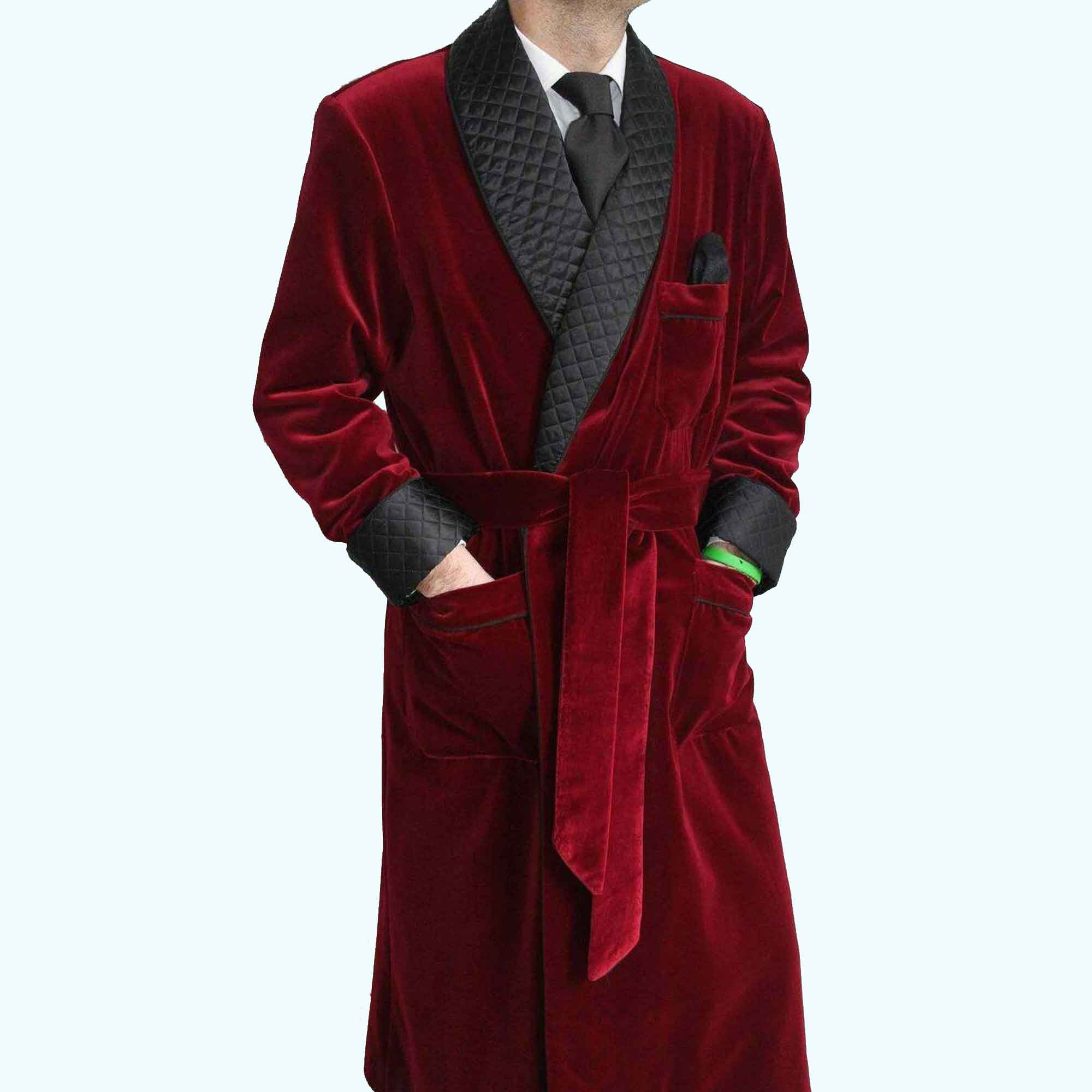 Buy Mens Long Burgundy Smoking Jacket Robe Quilted Velvet Gown Evening ...