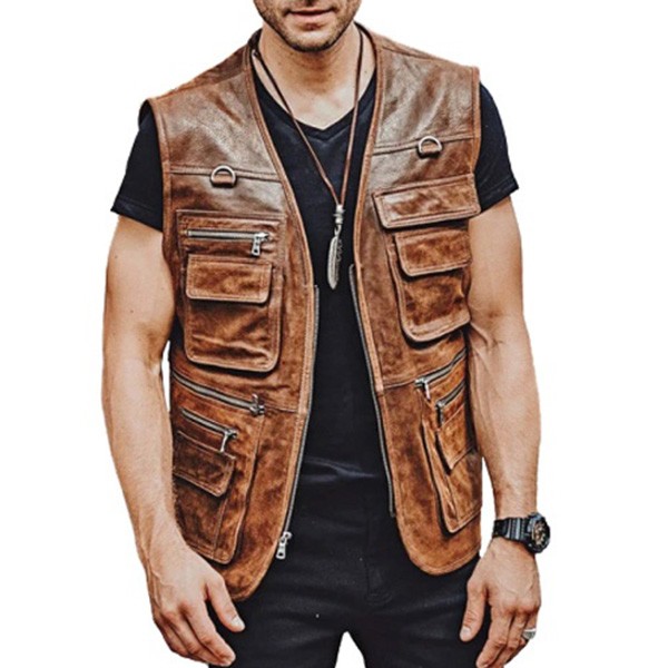 Men's Brown Leather Pocket Vest - LJ041