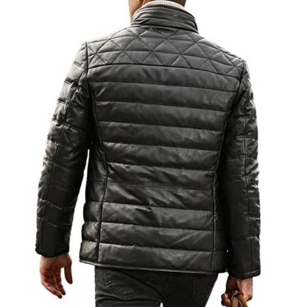 Men's Shine Black Leather Quilted Puffer Jacket - LJ0110