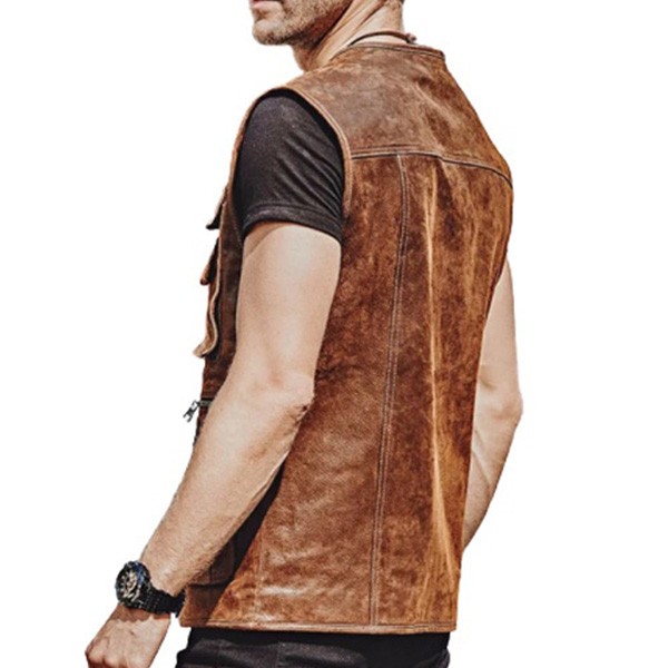 Men's Brown Leather Pocket Vest - LJ041