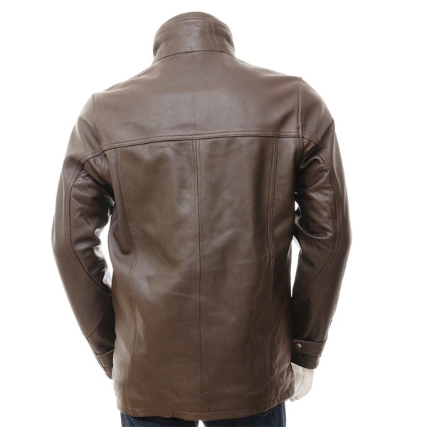 Buy Mens Brown Leather Stand Up Collar Long Jacket Hussar Jackets
