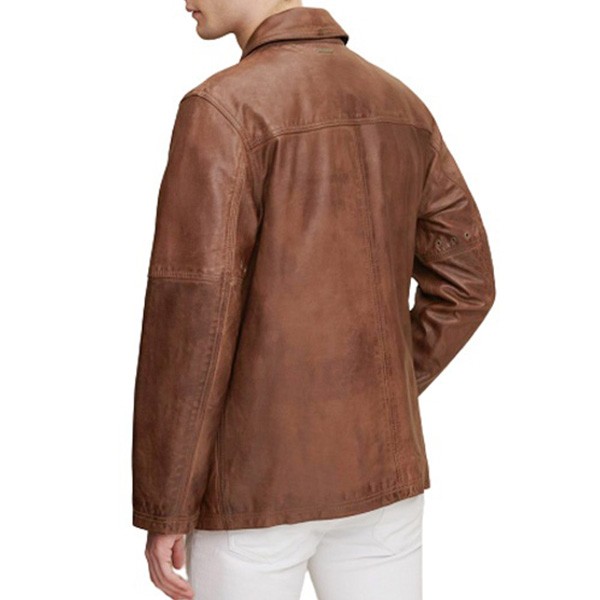 Mens Shirt Collar Brown Leather Jacket - LJ0113