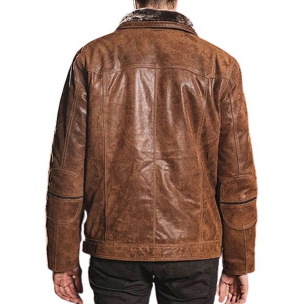 Men's Regular Fit Distressed Brown Fur Leather Jacket - LJ0104