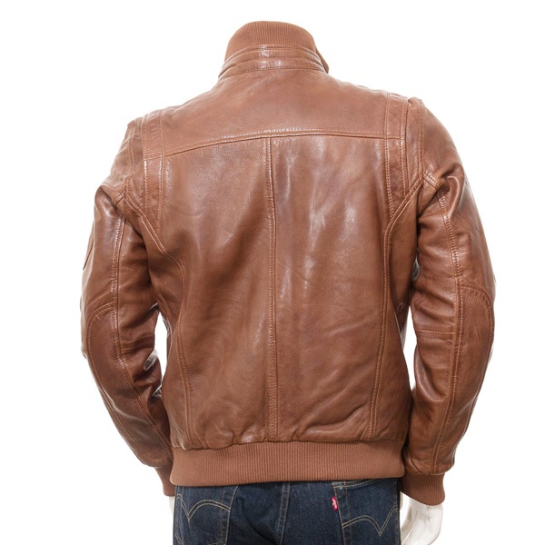 Mens Brown Leather Sleeves Pocket Bomber Jacket - LJ051