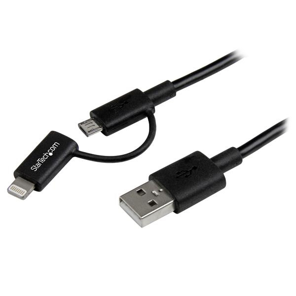 StarTech Apple 8-pin Lightning or Micro USB to USB Combo Cable - iPad / iPhone / iPod / cellular phone / tablet charging / data cable - Lightning / USB - 24/28 AWG - USB Type A, 4-pin (M) - 5-pin Micro-USB Type B, Lightning (M) - 1.0m - shielded - Black - LTUB1MBK