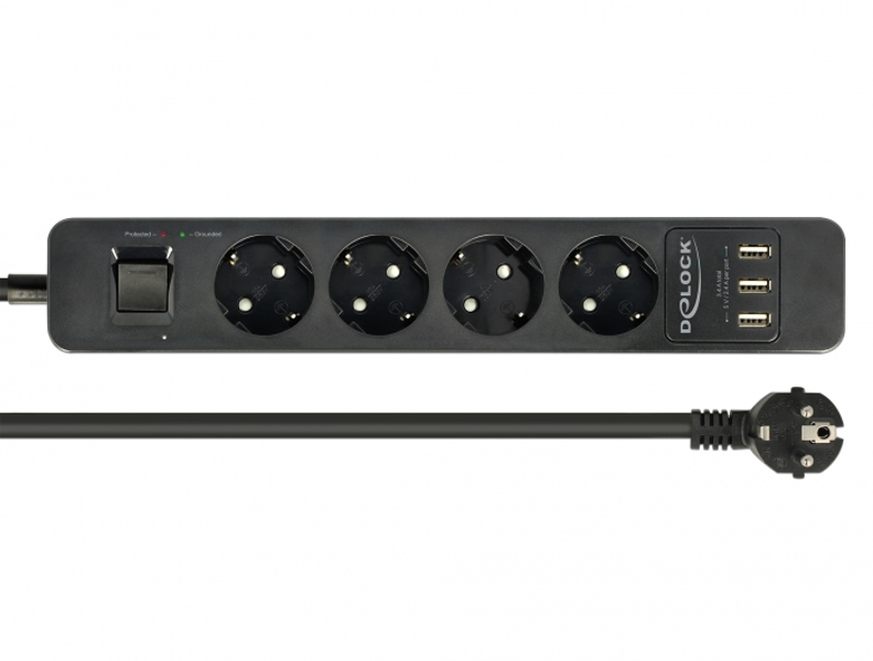 Delock 11209 - 1.5 m - 4 AC outlet - Indoor - Type F - Type F - Black - 11209