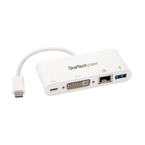 StarTech USB-C Multiport Adapter for Laptops - with power delivery (USB PD) - USB C to USB 3.0 / DVI / Gigabit Ethernet - USB-C Hub - external video adapter - white - DKT30CDVPD