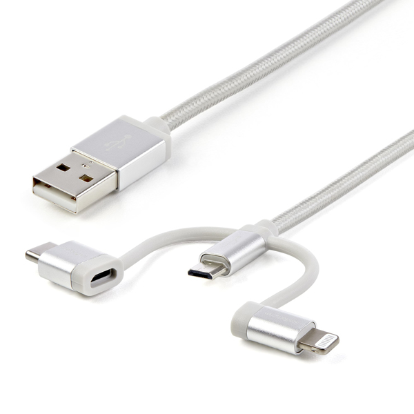 StarTech USB Lightning Cable - USB-C Micro-B Charging Cable - 1.0m - Braided - Silver - USB to Lightning Cable - USB to USB C - USB cable - USB (M) to Micro-USB Type B, Lightning, USB Type C (M) - 1.0m - Silver (LTCUB1MGR) - LTCUB1MGR