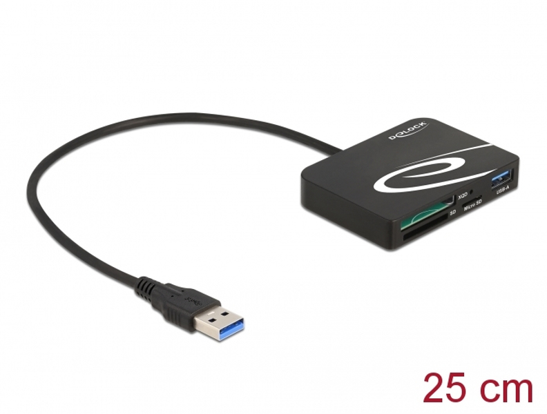 Delock-kortläsare för XQD / SD / Micro SD-minneskort + USB Type-A-port - 91756