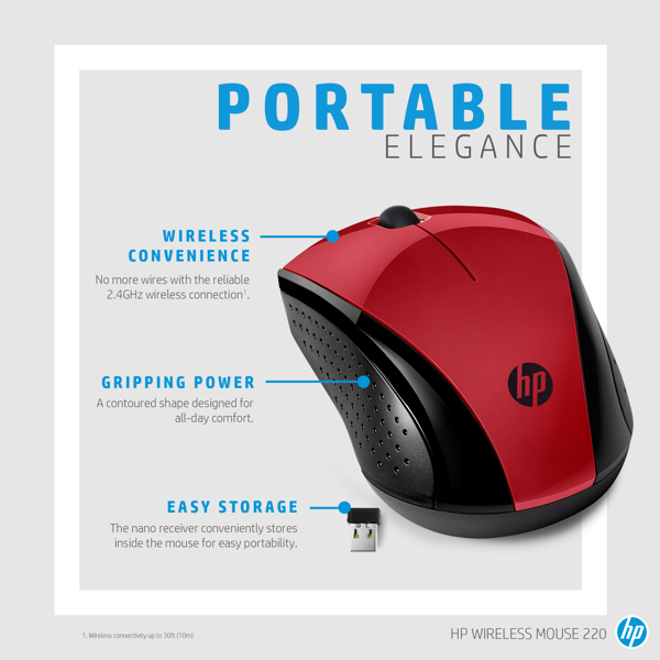 Souris sans fil HP 220 3 boutons 2,4 GHz Rouge coucher de soleil (7KX10AA#ABB)