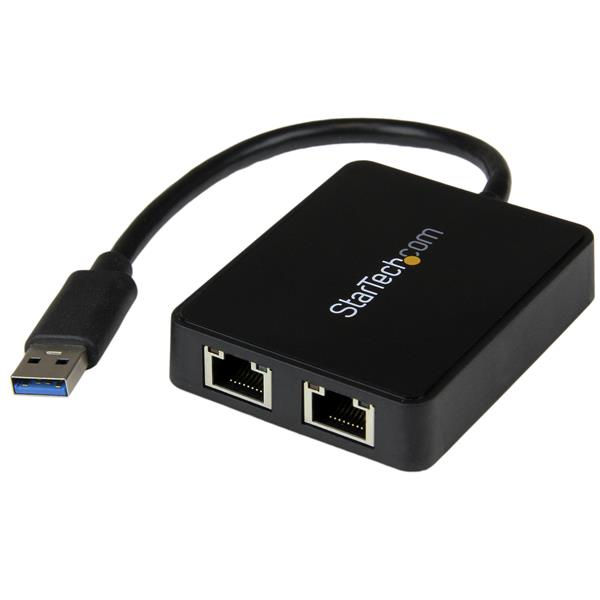 StarTech USB 3.0 SuperSpeed ​​to Dual Port Gigabit Ethernet LAN Adapter - 10/100/1000 NIC Network Adapter with USB Port - Black - Network Adapter - USB 3.0 - 2 Connections - USB32000SPT