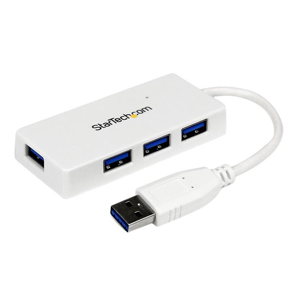 StarTech 4 Port USB 3.0 SuperSpeed ​​Hub - White - Portable external mini USB hub with built-in cable - Hub - 4 ports - ST4300MINU3W