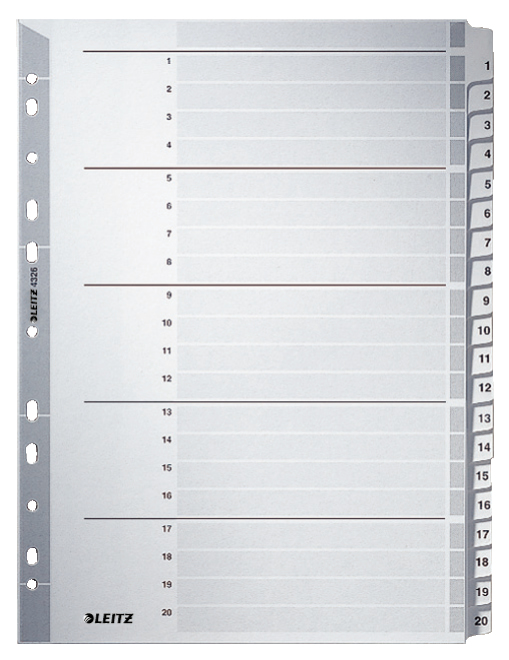 Esselte Leitz 43260000 - Numeric tab index - Cardboard - Gray - Portrait - A4 - 160 g/m²