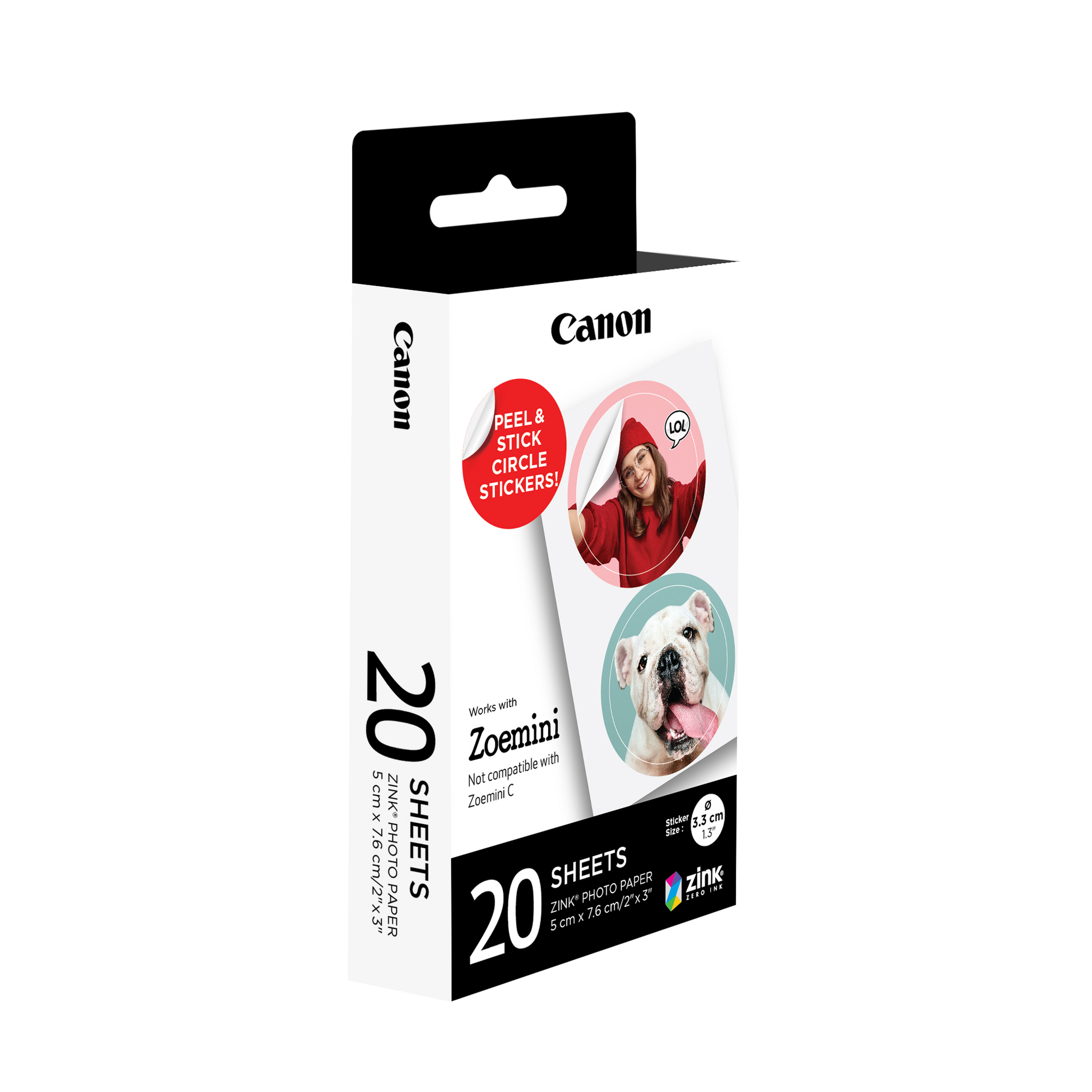 Canon ZINKΓäó 1.3ΓÇ¥ Pre-Cut Circle Sticker Pack - 20 sheets - 33x33 cm - 20 sheets - Zoemini Mini - Zoemini S - Box