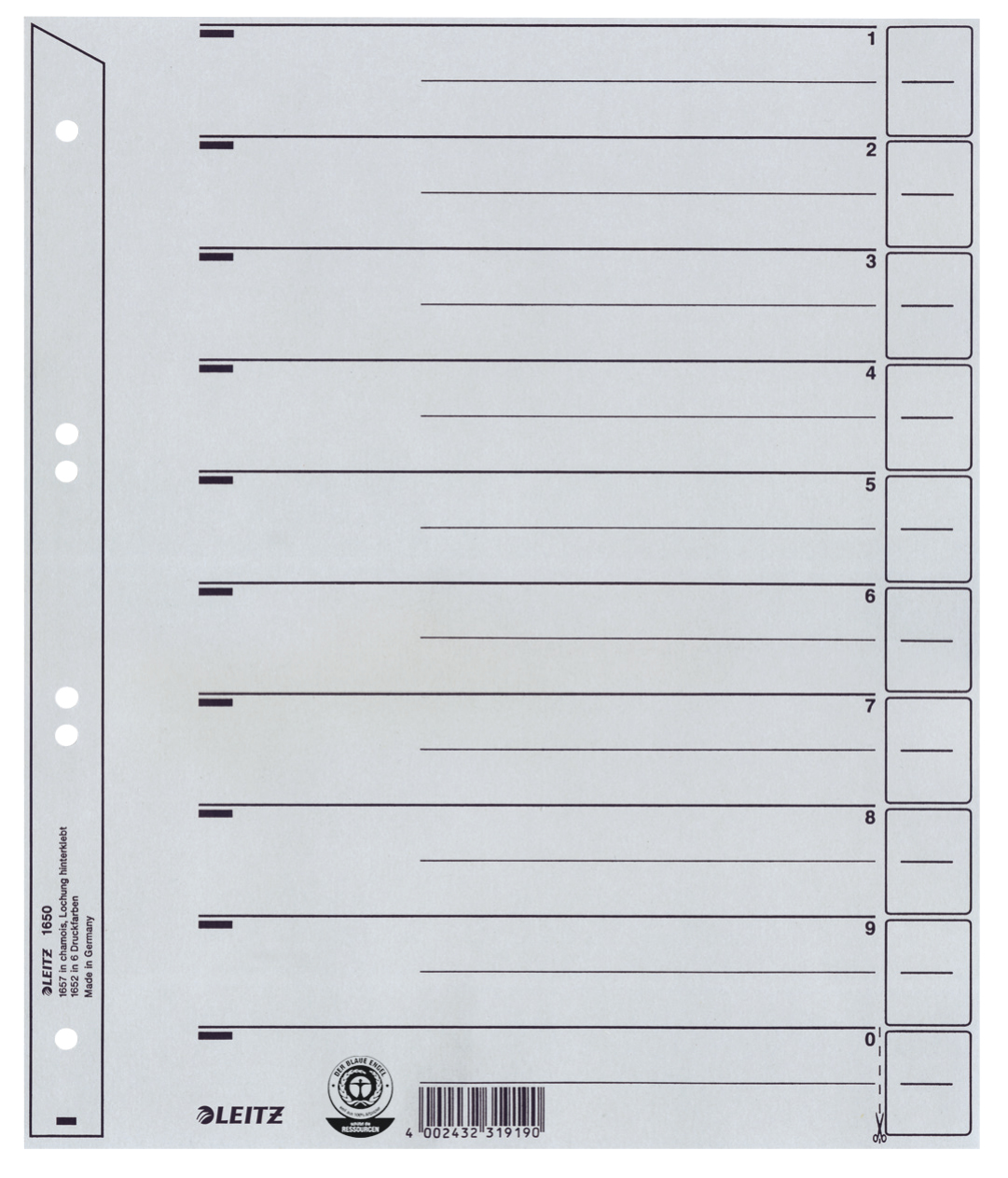 Esselte Leitz 16500085 - Numeric tab index - Cardboard - Grey - A4 - 200 g/m² - 240 mm