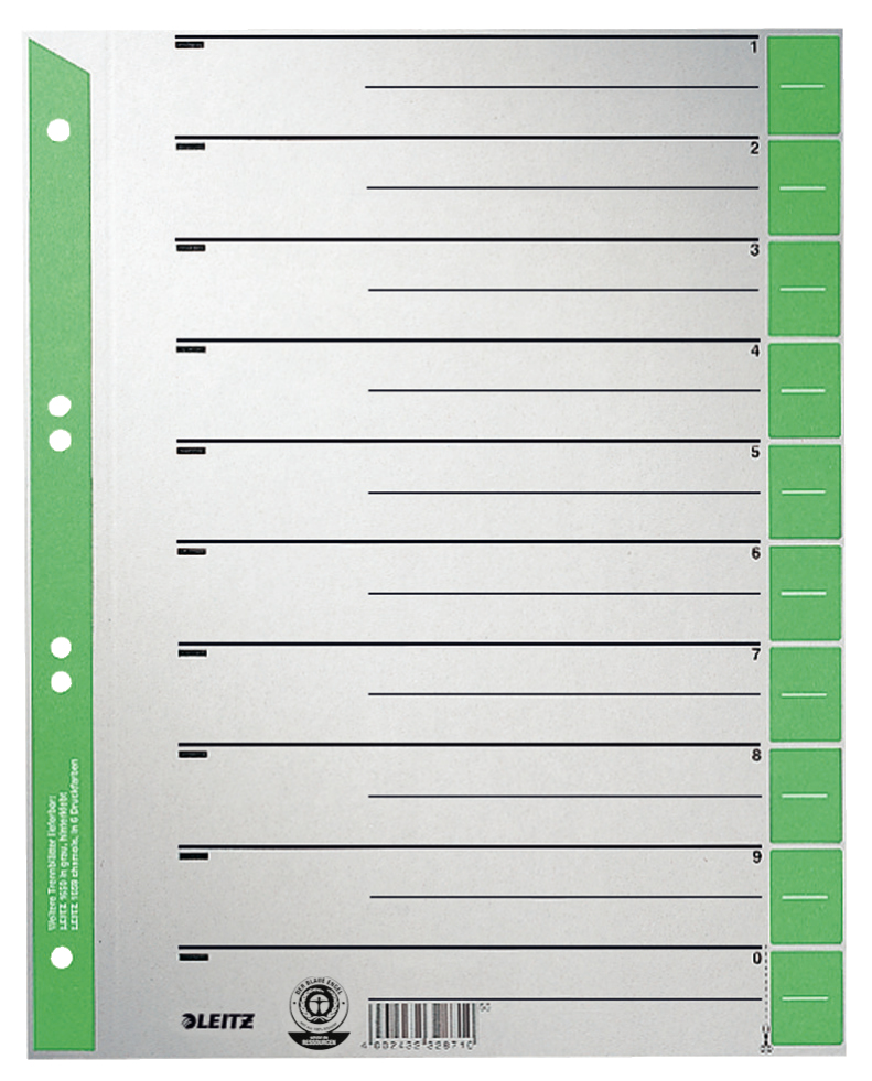 Esselte Leitz 16520055 - Numeric tab index - Cardboard - Green - Grey - A4 - 230 g/m² - 240 mm