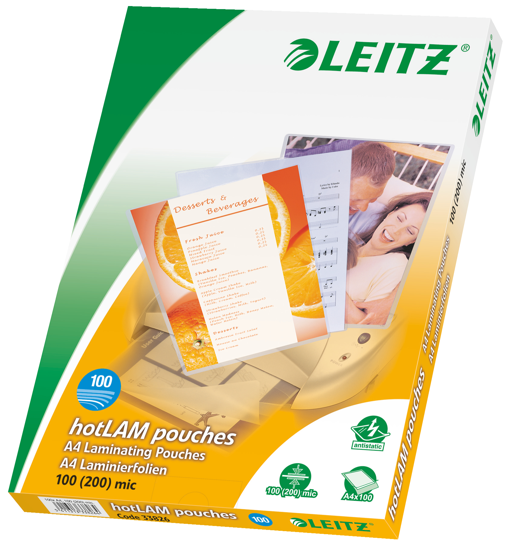 Esselte Leitz 33826 - Transparent - EVA (Ethylene Vinyl Acetate) - Polyethylene terephthalate (PET) - Glossy - A4 - 0.1 mm - 222 mm - 33826