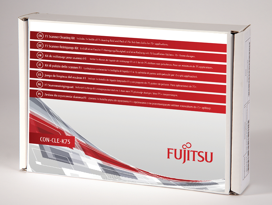 Fujitsu Includes 1x bottle of F1 cleaning fluid and Pack of 75x lint-free cloths for 75 applications - CON-CLE-K75