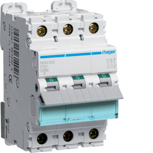 Disjoncteur Hager 3 pôles 10 kA caractéristique 32 A 3 modules