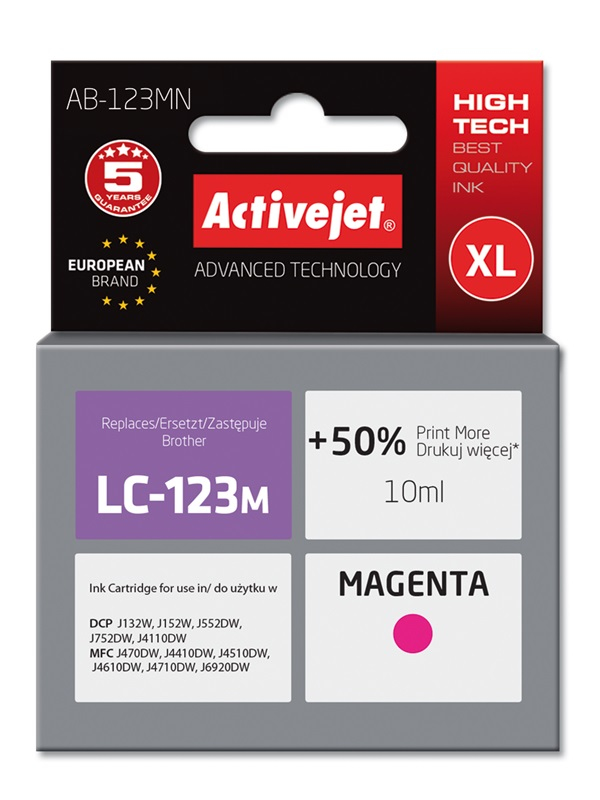 Cartouche d'encre Activejet AB-123MN magenta 10 ml remplace Brother LC123M