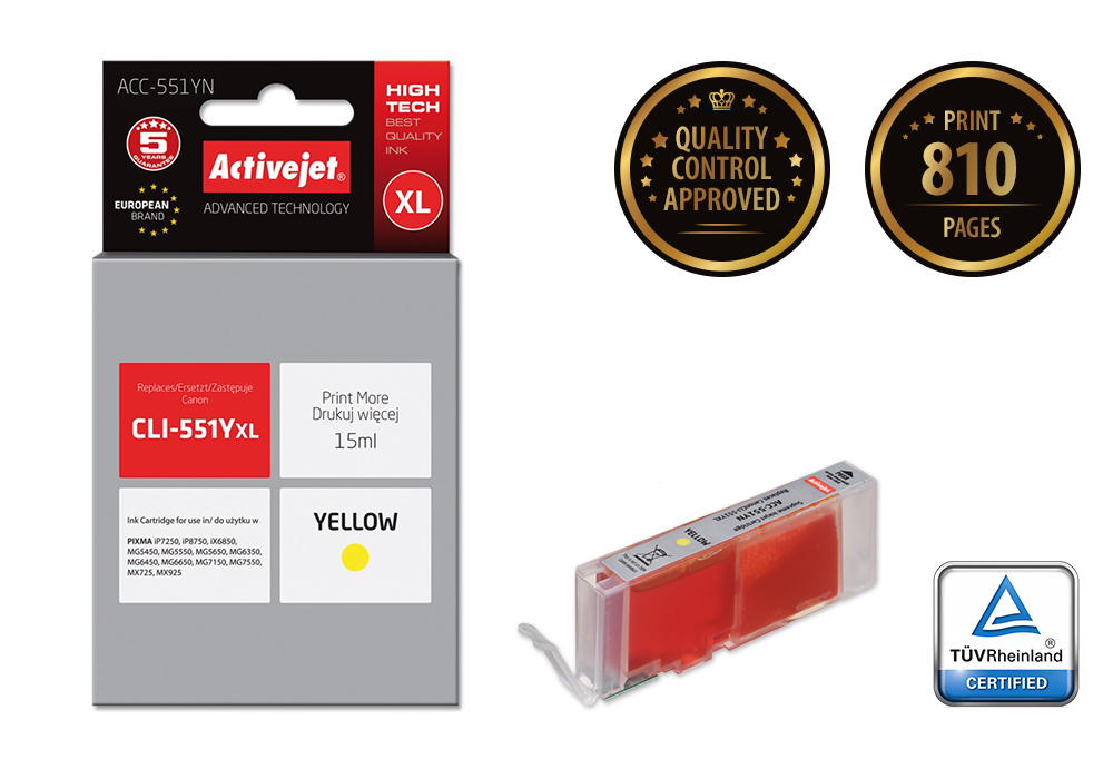 Activejet ACC-551YN ink cartridge yellow 15 ml replaces Canon CLI-551Y