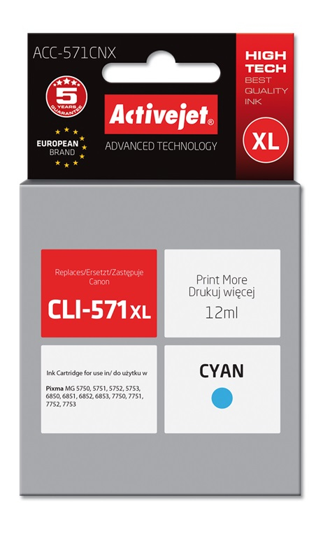 Cartouche d'encre Activejet ACC-571CNX cyan 12 ml remplace Canon CLI-571C XL