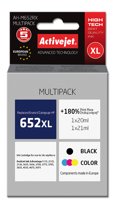 Cartouche d'encre Activejet AH-M652RX noire/couleur remplace HP 652