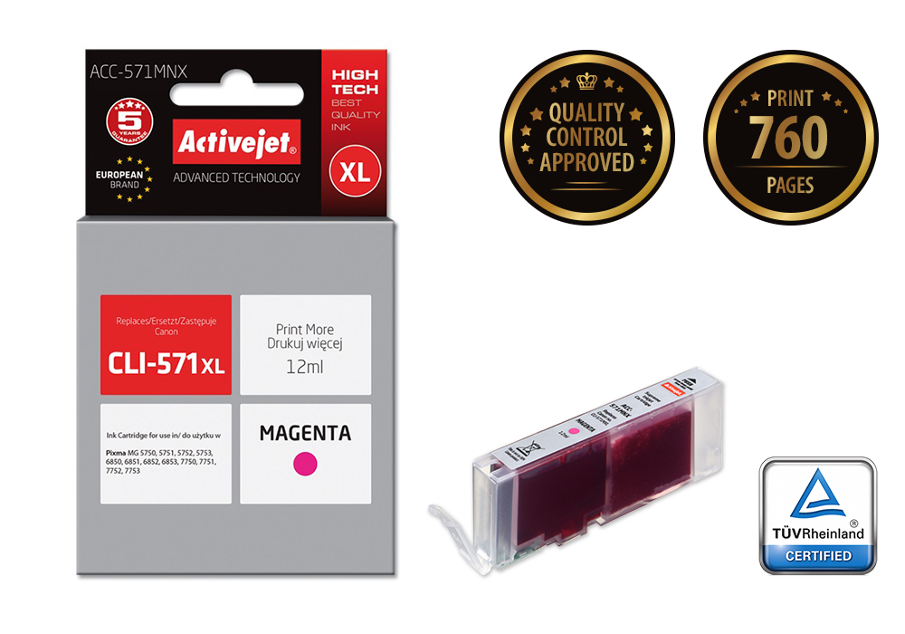 Cartouche d'encre Activejet ACC-571MNX magenta 12 ml remplace Canon CLI-571M XL