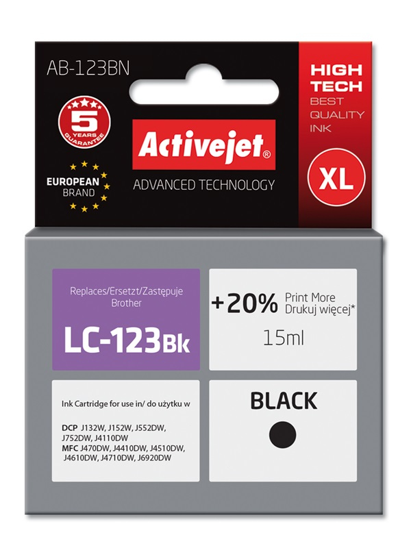 Cartouche d'encre Activejet AB-123BN noire 15 ml remplace Brother LC123Bk