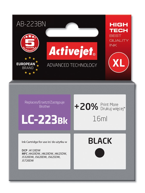 Cartouche d'encre Activejet AB-223BN noire 16 ml remplace Brother LC223Bk