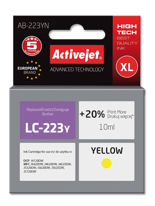 Cartouche d'encre Activejet AB-223YN jaune 10 ml remplace Brother LC223Y