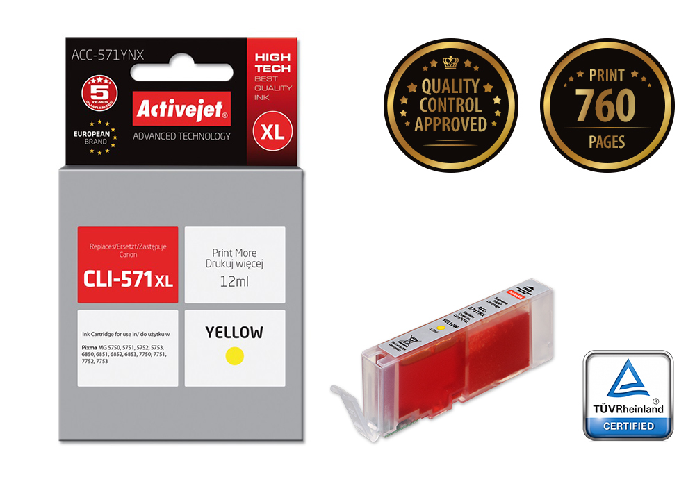 Cartouche d'encre Activejet ACC-571YNX jaune 12 ml remplace Canon CLI-571Y XL