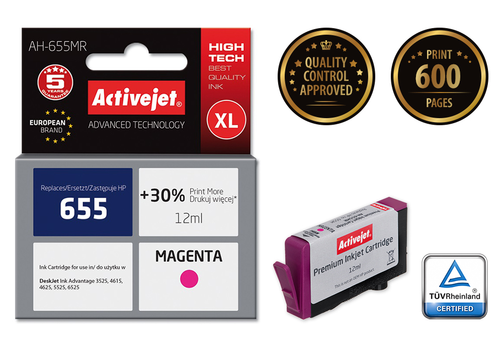 Cartouche d'encre Activejet AH-655MR magenta 12 ml remplace HP 655 CZ111AE