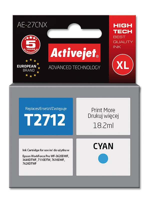 Cartouche d'encre cyan Activejet AE-27CNX 18 ml remplace Epson 27XL T2712