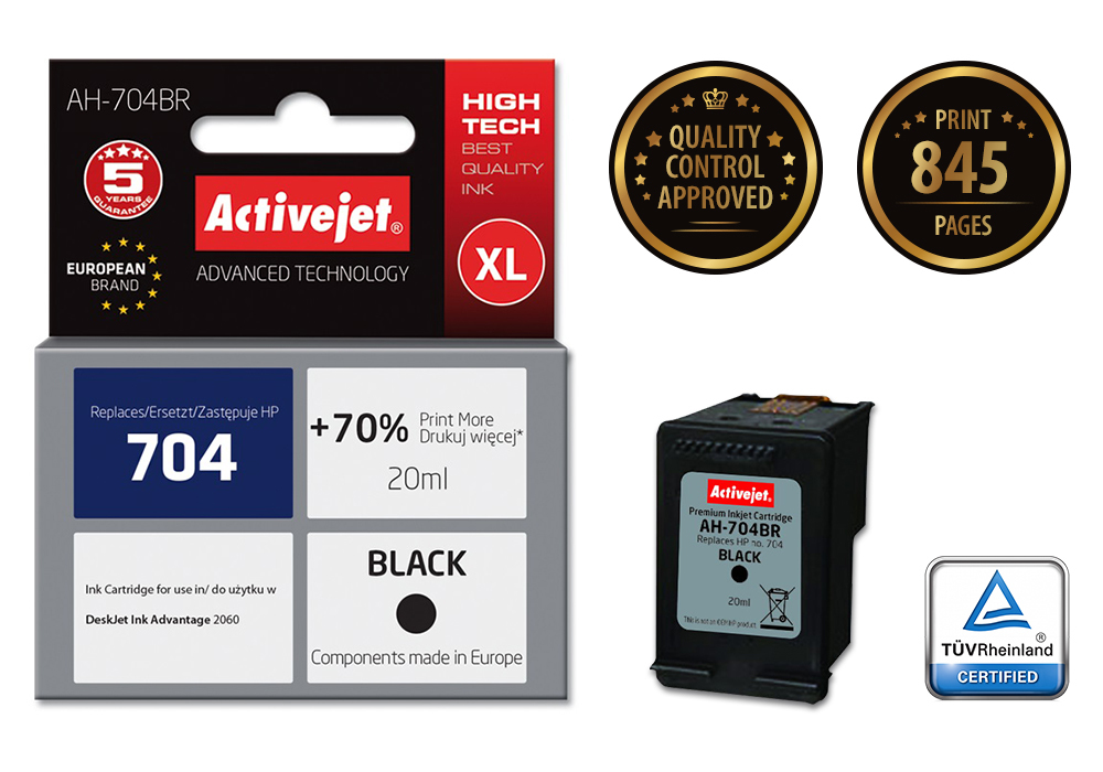 Cartouche d'encre Activejet AH-704BR noire 20 ml remplace HP 704