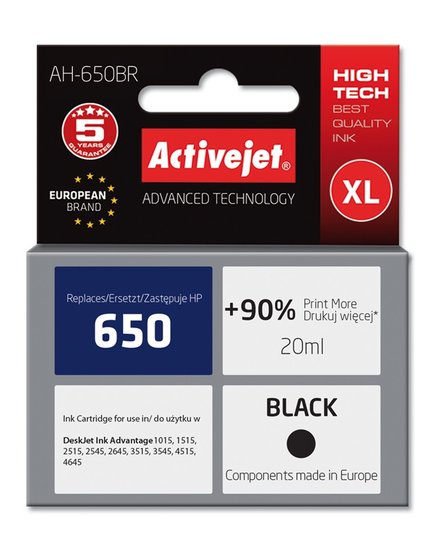 Cartouche d'encre Activejet AH-650BR noire 20 ml remplace HP 650 CZ101AE