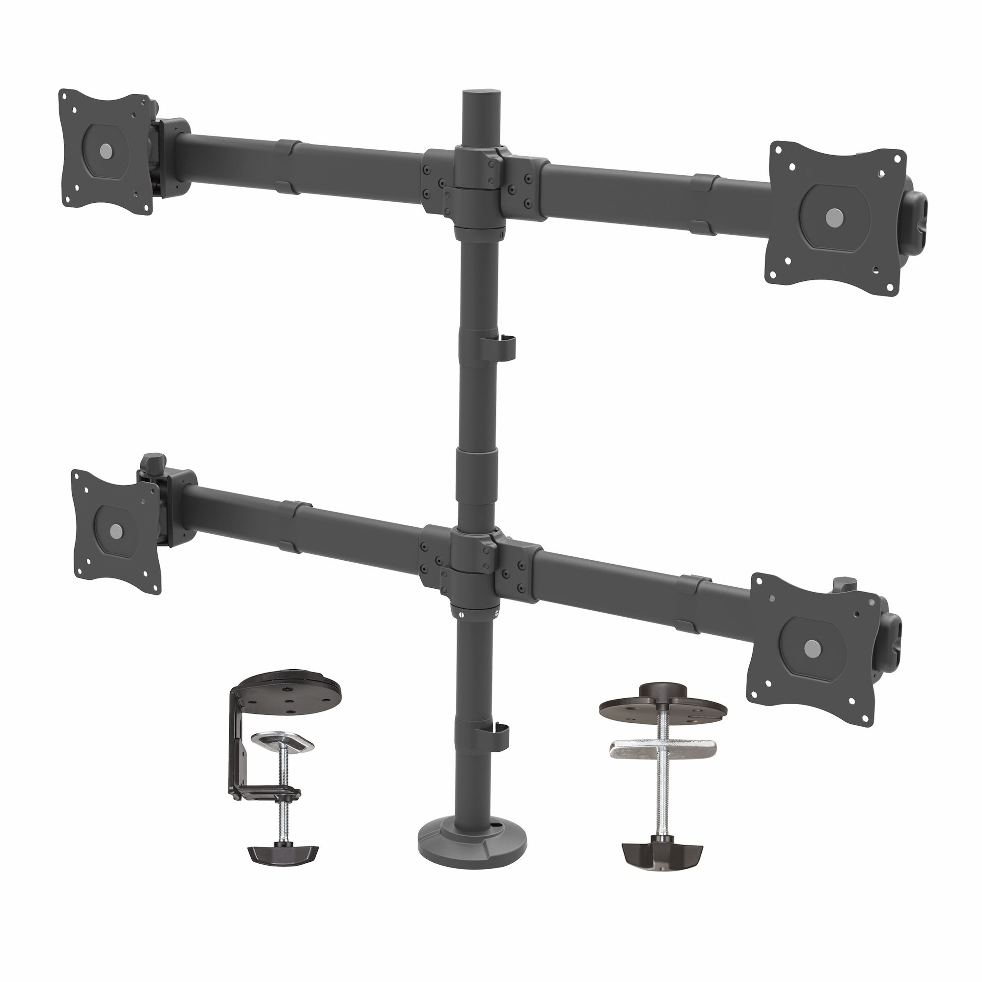 Desk Mount Quad Monitor Arm - 4 VESA Displays up to 27 - Ergonomic Height Adjustable Articulating Pole Mount - Clamp/Grommet (ARMQUAD) Robust steel Skrivebordsmontering 13-27 4 sizes - ARMQUAD