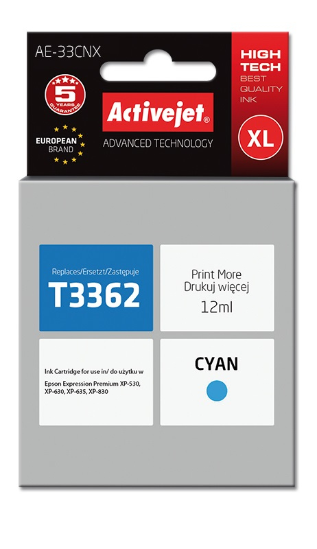 Cartouche d'encre Activejet AE-33CNX cyan 12 ml remplace Epson 33XL T3362