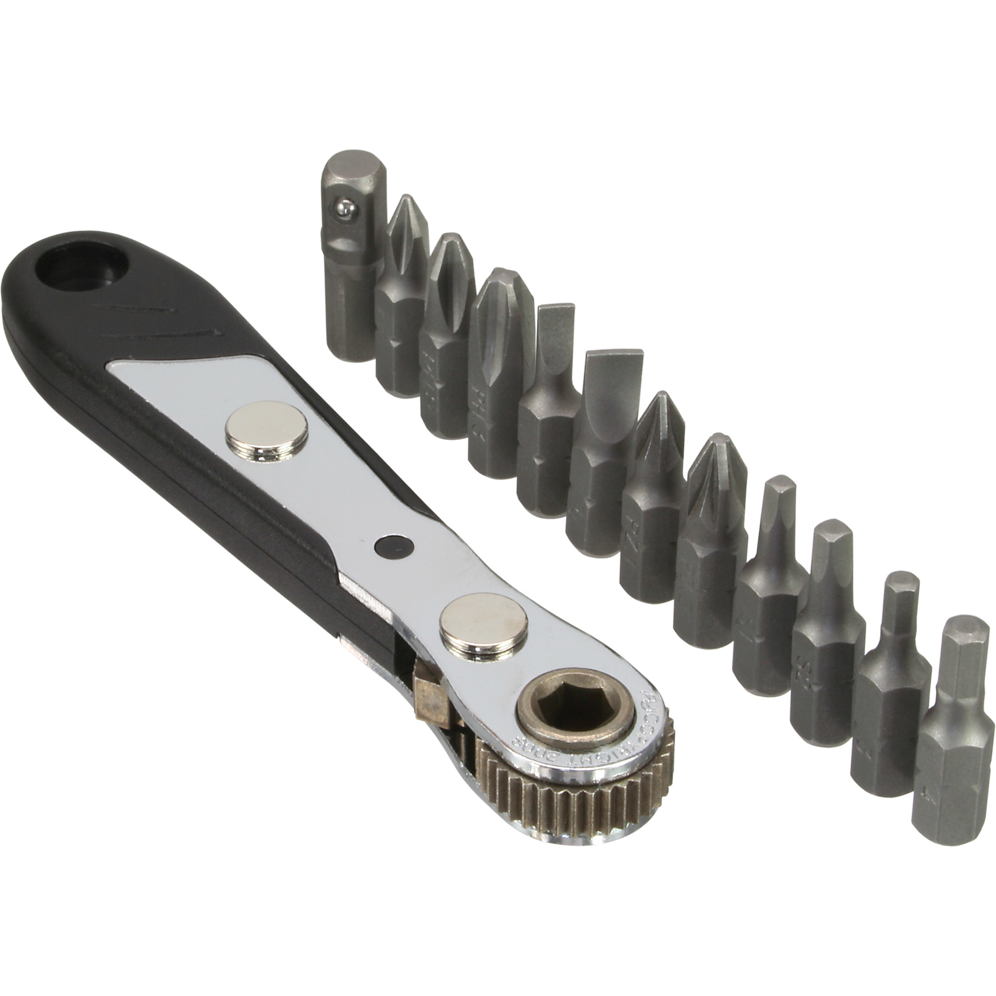 Ensemble d'outils de poche en ligne avec mini clé à cliquet + jeu d'embouts 12 pièces.