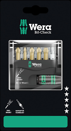 Wera Bit-Check 12 Wood 1 SB - 11 pièces - Phillips, Pozidriv, Torx Plus - PH 2 - PZ 1, PZ 2, PZ 3 - TX10, TX15, TX20, TX25, TX30, TX40 - 25,4 / 4 mm (1/4")