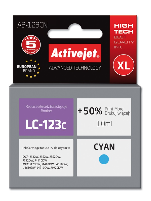 Cartouche d'encre Activejet AB-123CN cyan 10 ml remplace Brother LC123C