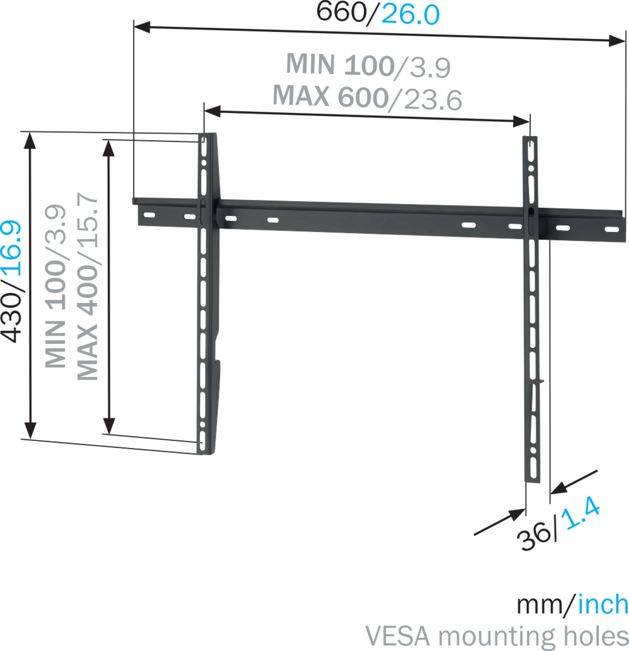 Vogel's MNT 300. WALL MOUNT FLAT WALL - 101.6 cm (40") - 2.03 m (80") - 100 kg - 100 x 100 mm - 600 x 400 mm - Black