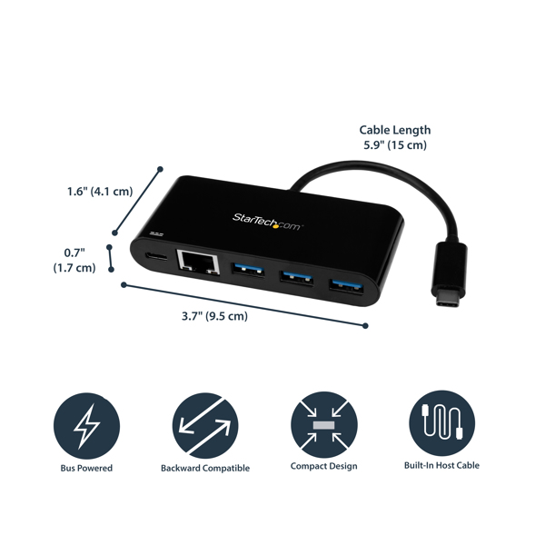 StarTech USB-C to Ethernet Adapter with 3 Port USB 3.0 Hub and Power Delivery - USB-C GbE Adapter with USB Hub and 3 USB A ports - network adapter - US1GC303APD